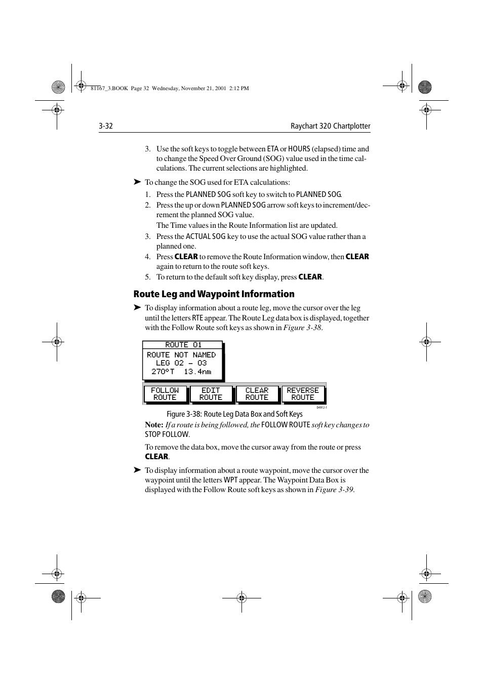 Route leg and waypoint information, Figure 3-38: route leg data box and soft keys | Raymarine 320 User Manual | Page 61 / 139