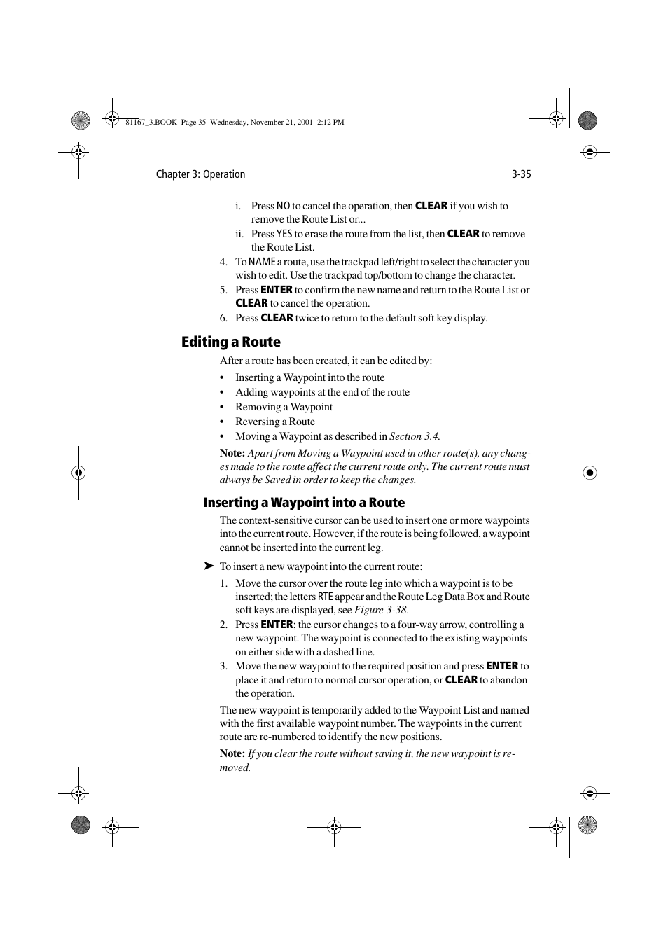 Editing a route, Inserting a waypoint into a route, Editing a route -35 | Raymarine 320 User Manual | Page 64 / 139