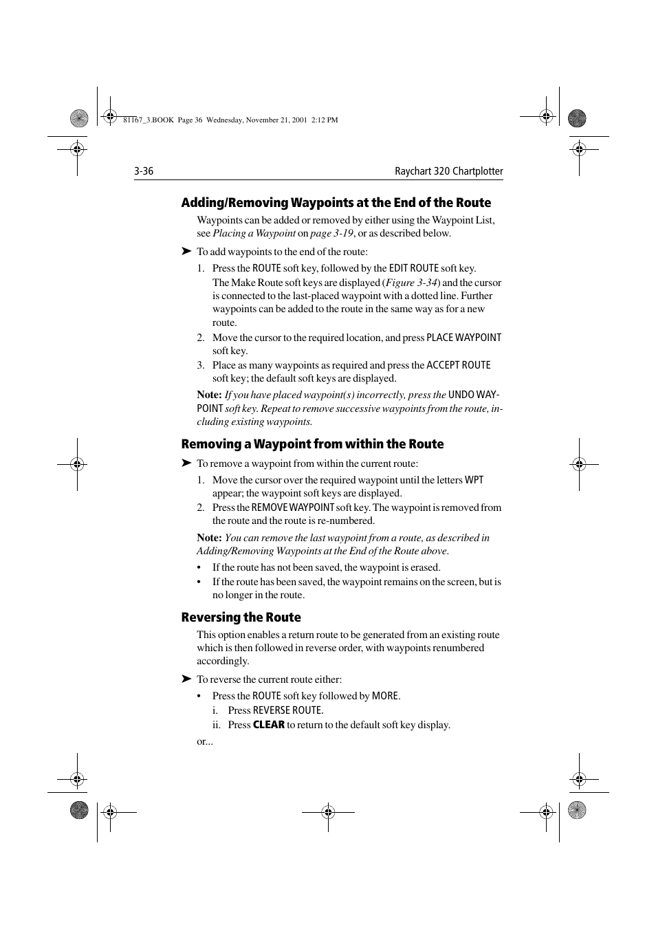 Adding/removing waypoints at the end of the route, Removing a waypoint from within the route, Reversing the route | Raymarine 320 User Manual | Page 65 / 139