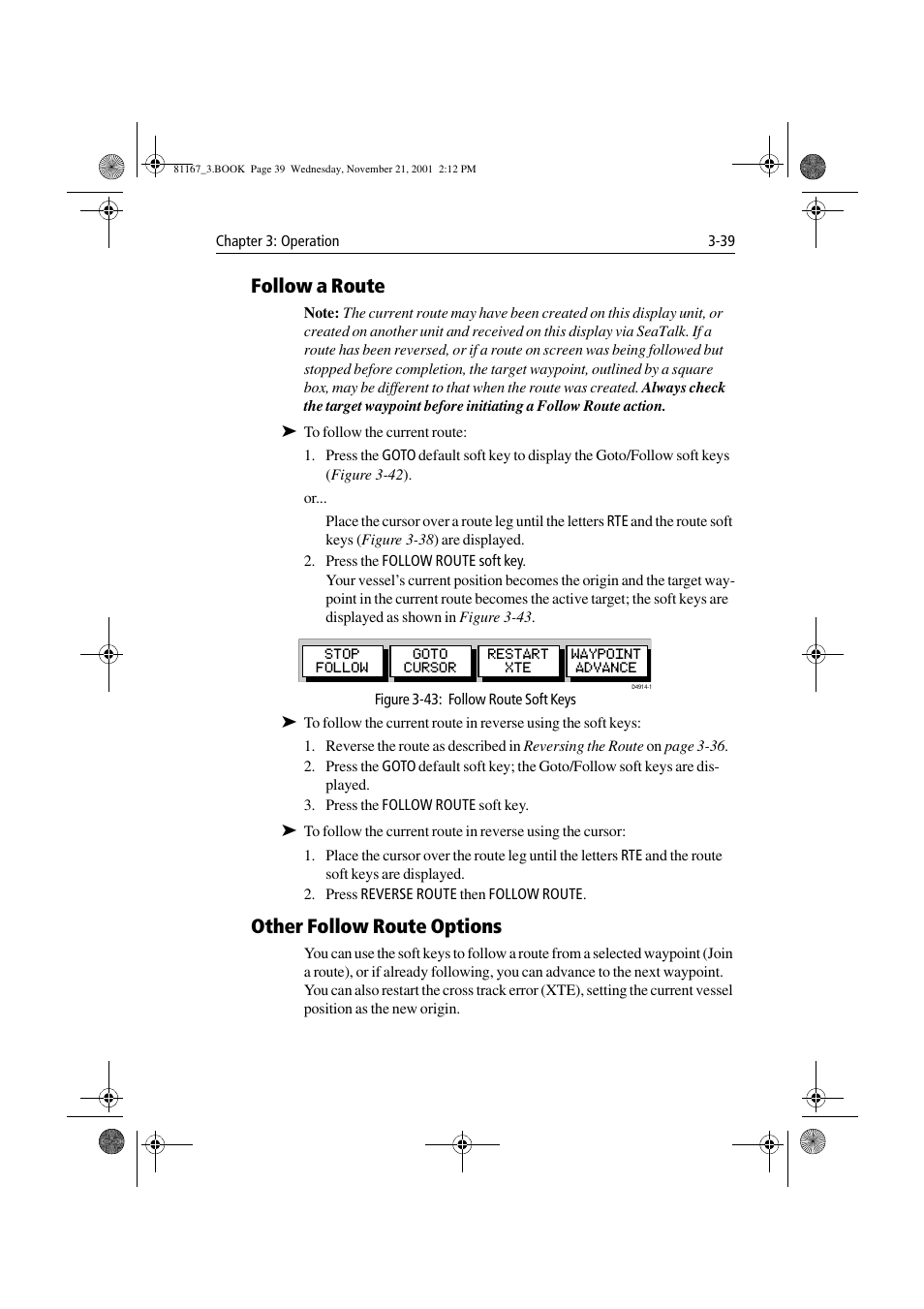 Follow a route, Figure 3-43: follow route soft keys, Other follow route options | Follow a route -39 other follow route options -39 | Raymarine 320 User Manual | Page 68 / 139