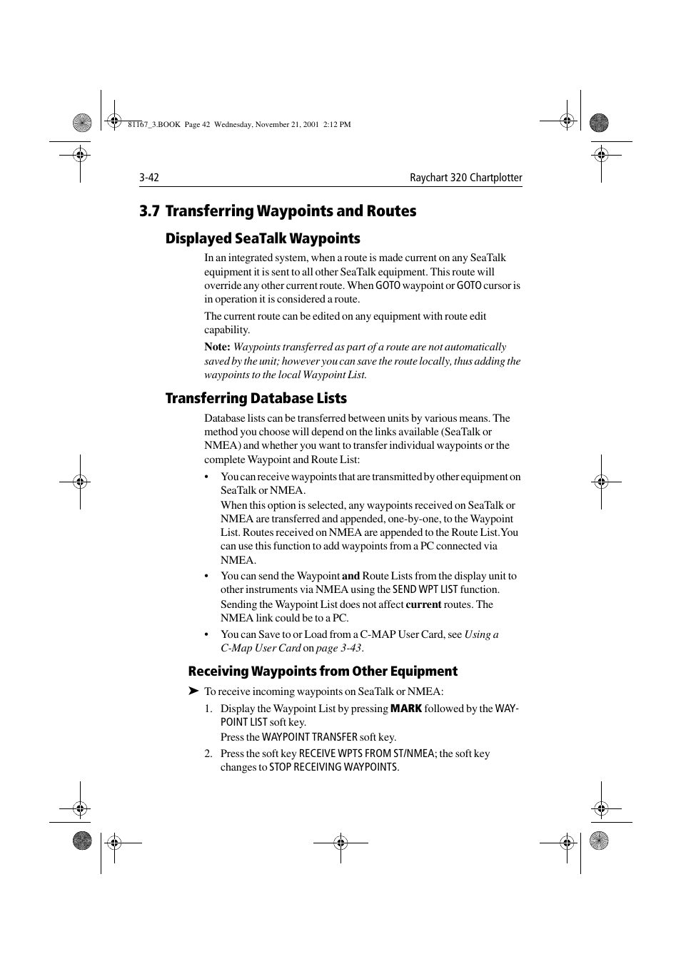 7 transferring waypoints and routes, Displayed seatalk waypoints, Transferring database lists | Receiving waypoints from other equipment, 7 transferring waypoints and routes -42 | Raymarine 320 User Manual | Page 71 / 139