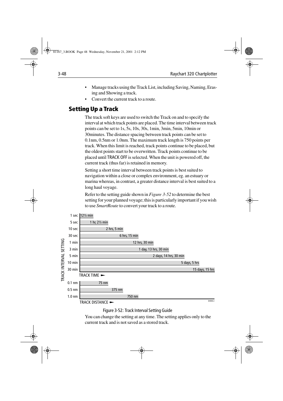 Setting up a track, Figure 3-52: track interval setting guide, Setting up a track -48 | Raymarine 320 User Manual | Page 77 / 139