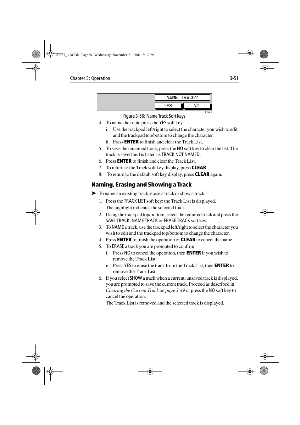 Figure 3-56: name track soft keys, Naming, erasing and showing a track | Raymarine 320 User Manual | Page 80 / 139