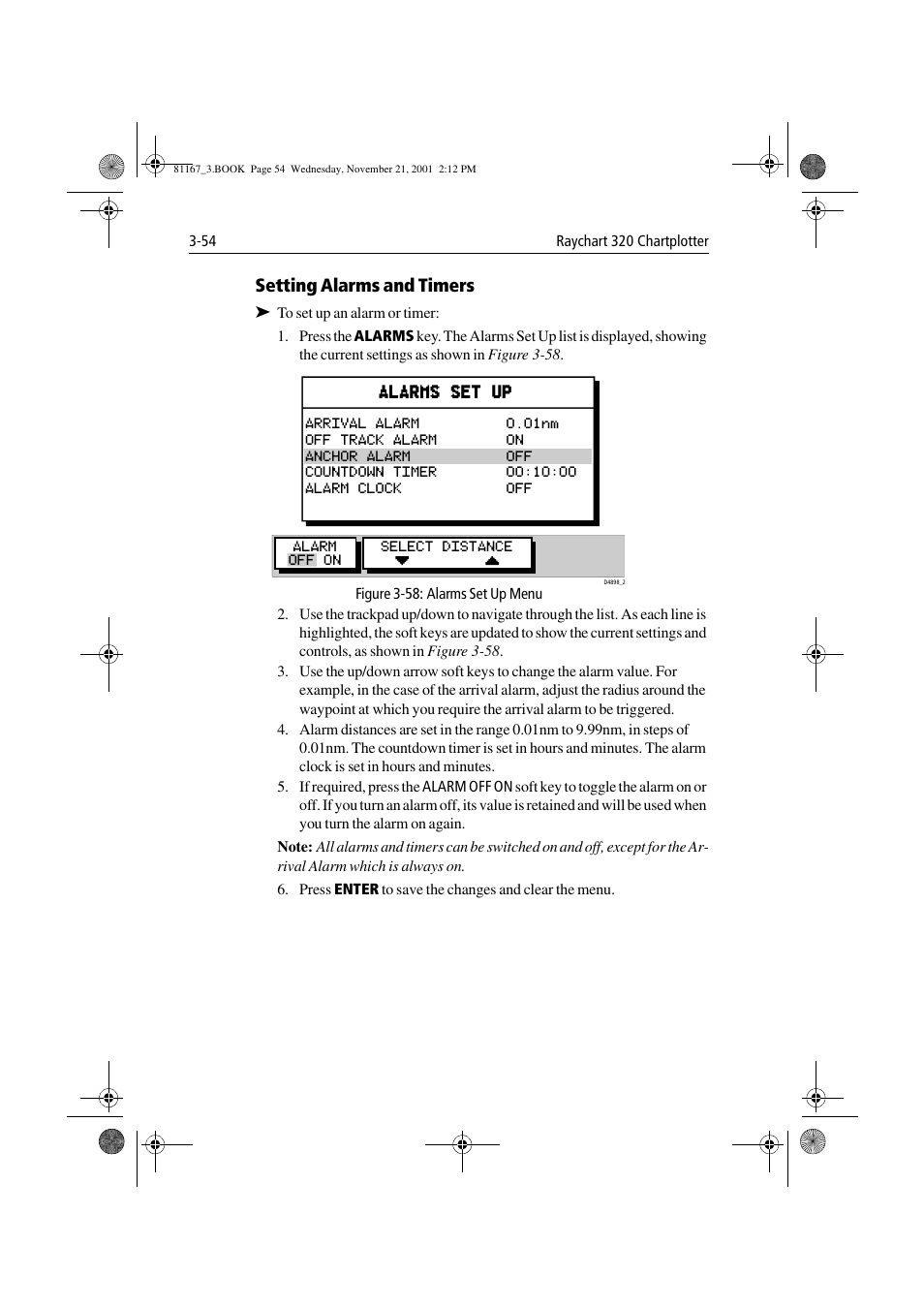 Setting alarms and timers, Figure 3-58: alarms set up menu | Raymarine 320 User Manual | Page 83 / 139