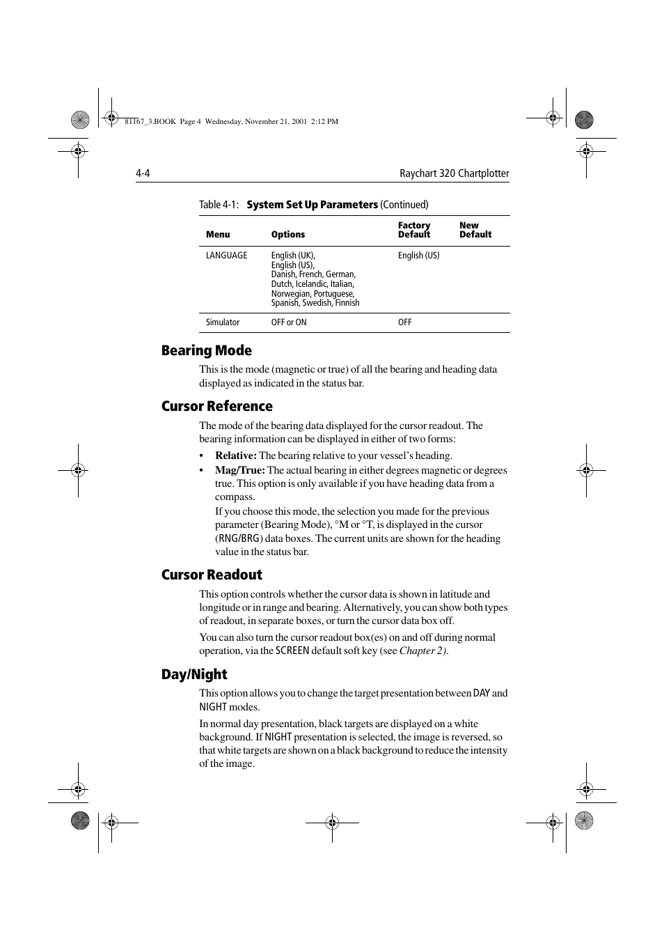 Bearing mode, Cursor reference, Cursor readout | Day/night | Raymarine 320 User Manual | Page 89 / 139