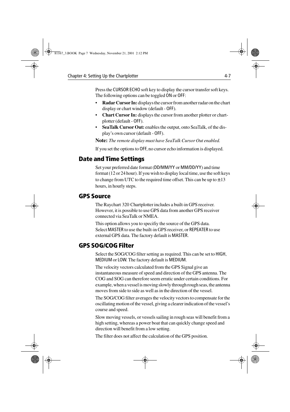 Date and time settings, Gps source, Gps sog/cog filter | Raymarine 320 User Manual | Page 92 / 139