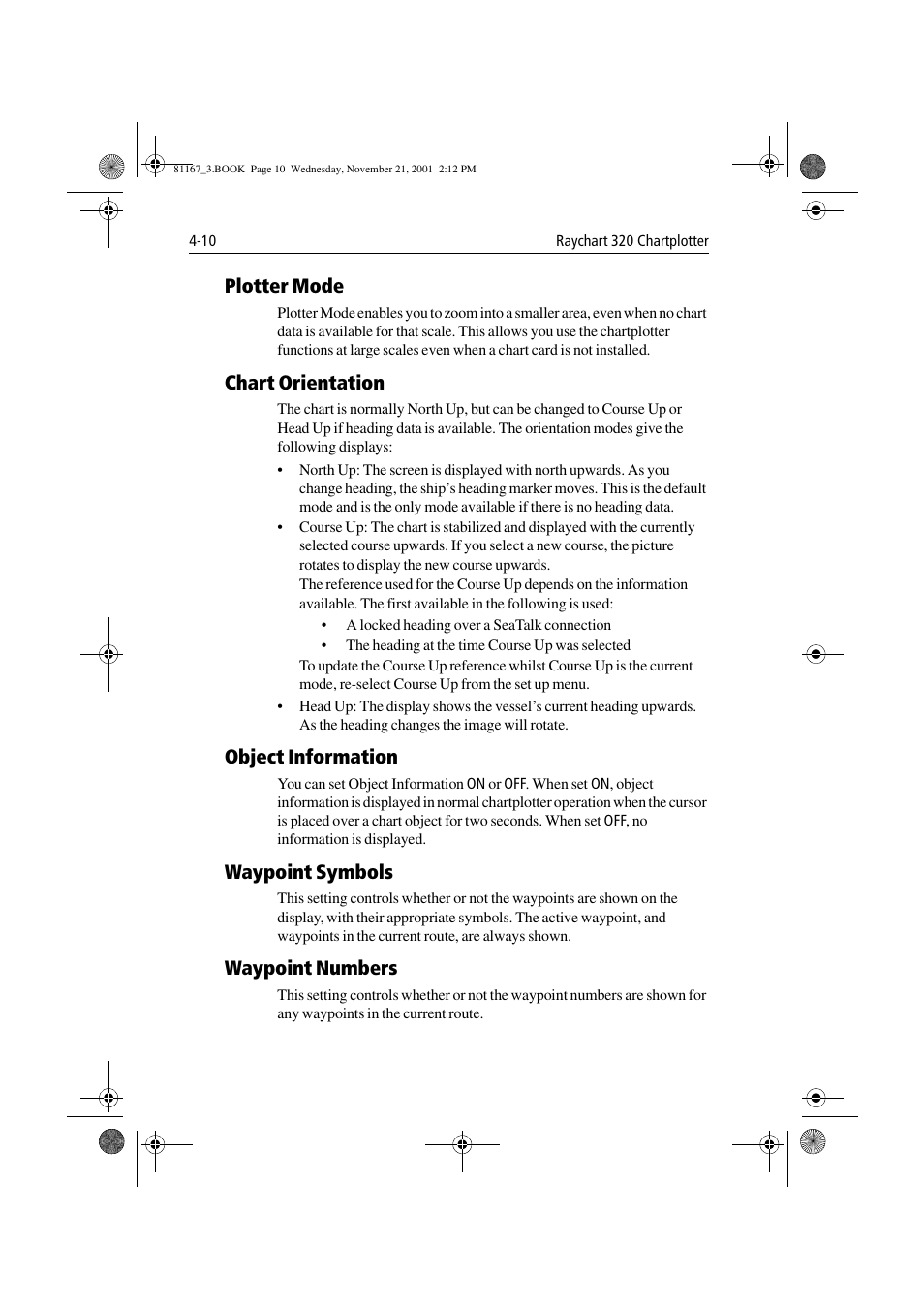 Plotter mode, Chart orientation, Object information | Waypoint symbols, Waypoint numbers | Raymarine 320 User Manual | Page 95 / 139