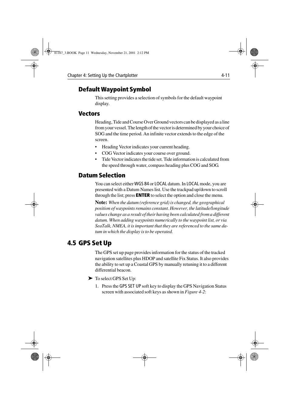Default waypoint symbol, Vectors, Datum selection | 5 gps set up, 5 gps set up -11 | Raymarine 320 User Manual | Page 96 / 139