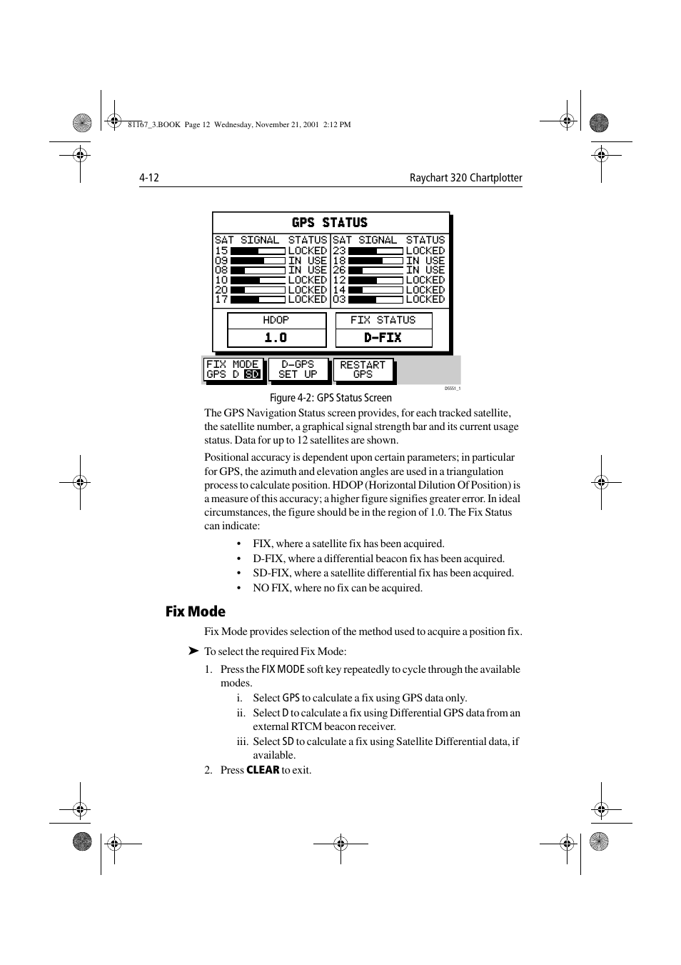 Figure 4-2: gps status screen, Fix mode, Fix mode -12 | Raymarine 320 User Manual | Page 97 / 139