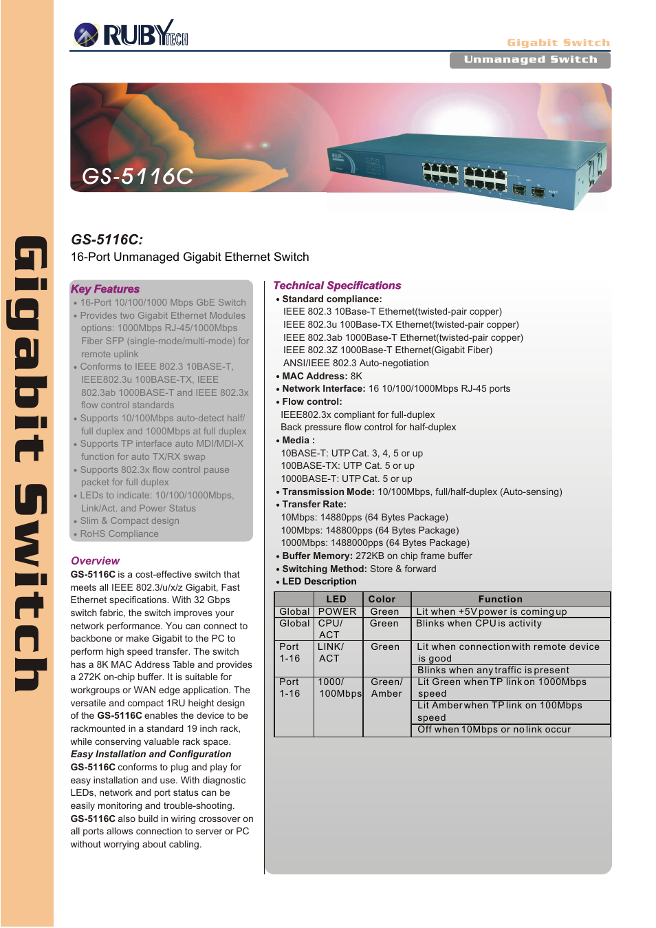 Ruby Tech GS-5116C User Manual | 2 pages