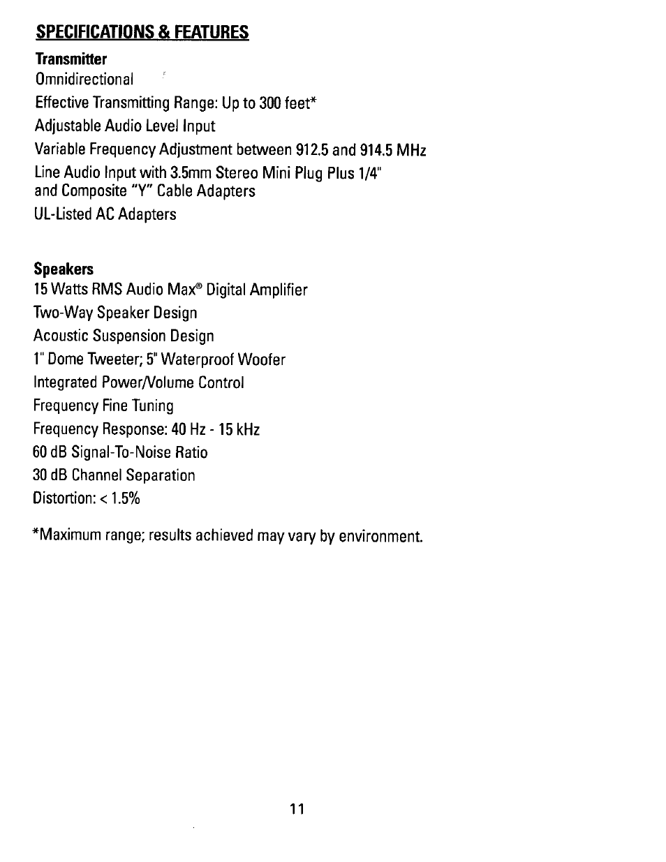 Specs | Recoton/Advent AW810 User Manual | Page 11 / 24