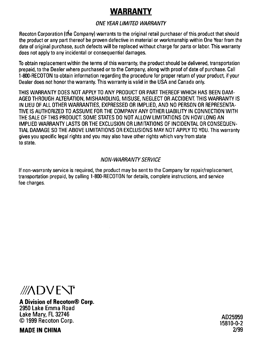 Warranty | Recoton/Advent AW810 User Manual | Page 12 / 24