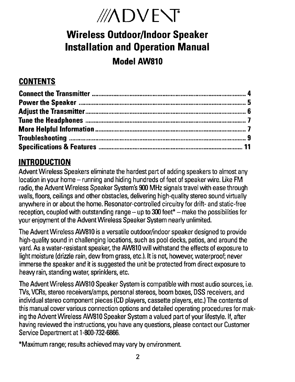 Recoton/Advent AW810 User Manual | Page 2 / 24