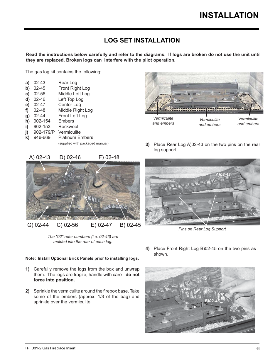 Installation, Log set installation | Recoton/Advent U31-LP2 User Manual | Page 11 / 36