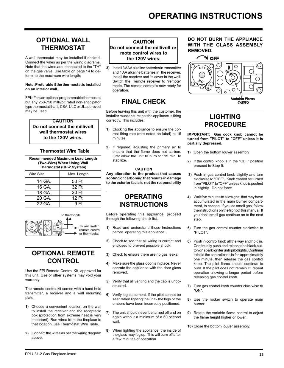 Operating instructions, Lighting procedure, Optional wall thermostat | Optional remote control, Final check | Recoton/Advent U31-LP2 User Manual | Page 23 / 36