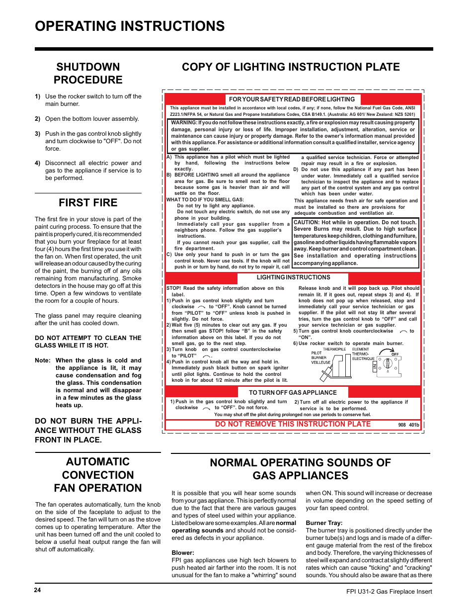 Operating instructions, Copy of lighting instruction plate, Shutdown procedure | First fire, Normal operating sounds of gas appliances, Automatic convection fan operation | Recoton/Advent U31-LP2 User Manual | Page 24 / 36