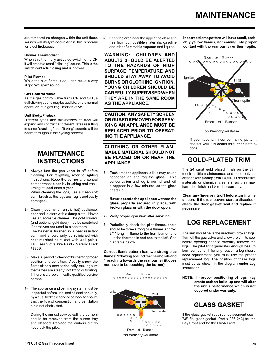 Maintenance, Maintenance instructions, Gold-plated trim | Log replacement, Glass gasket | Recoton/Advent U31-LP2 User Manual | Page 25 / 36