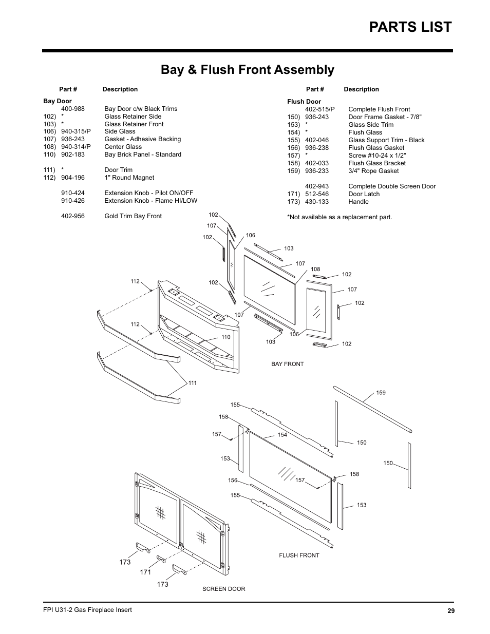 Parts list, Bay & flush front assembly | Recoton/Advent U31-LP2 User Manual | Page 29 / 36