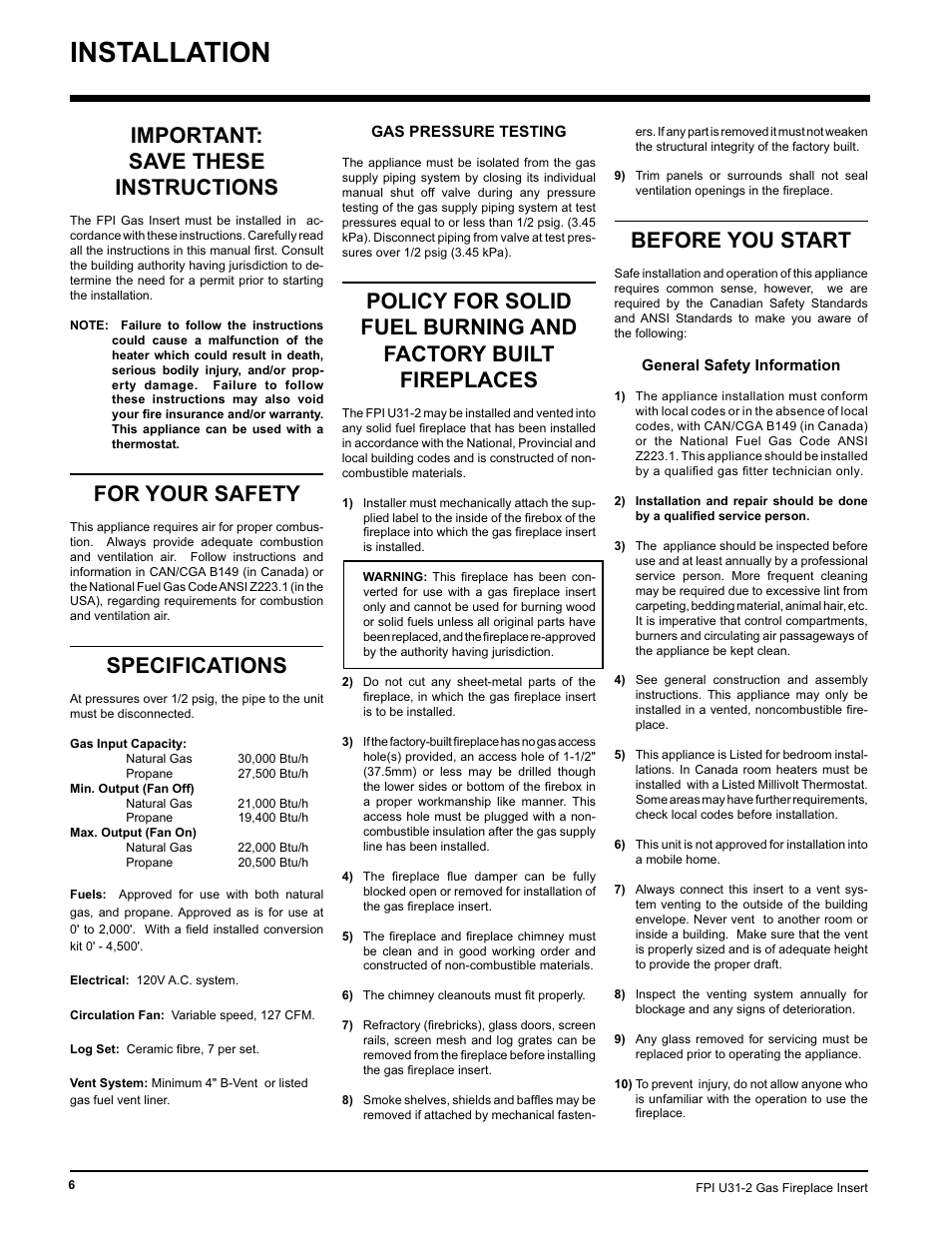 Installation, Important: save these instructions, For your safety | Specifications, Before you start | Recoton/Advent U31-LP2 User Manual | Page 6 / 36