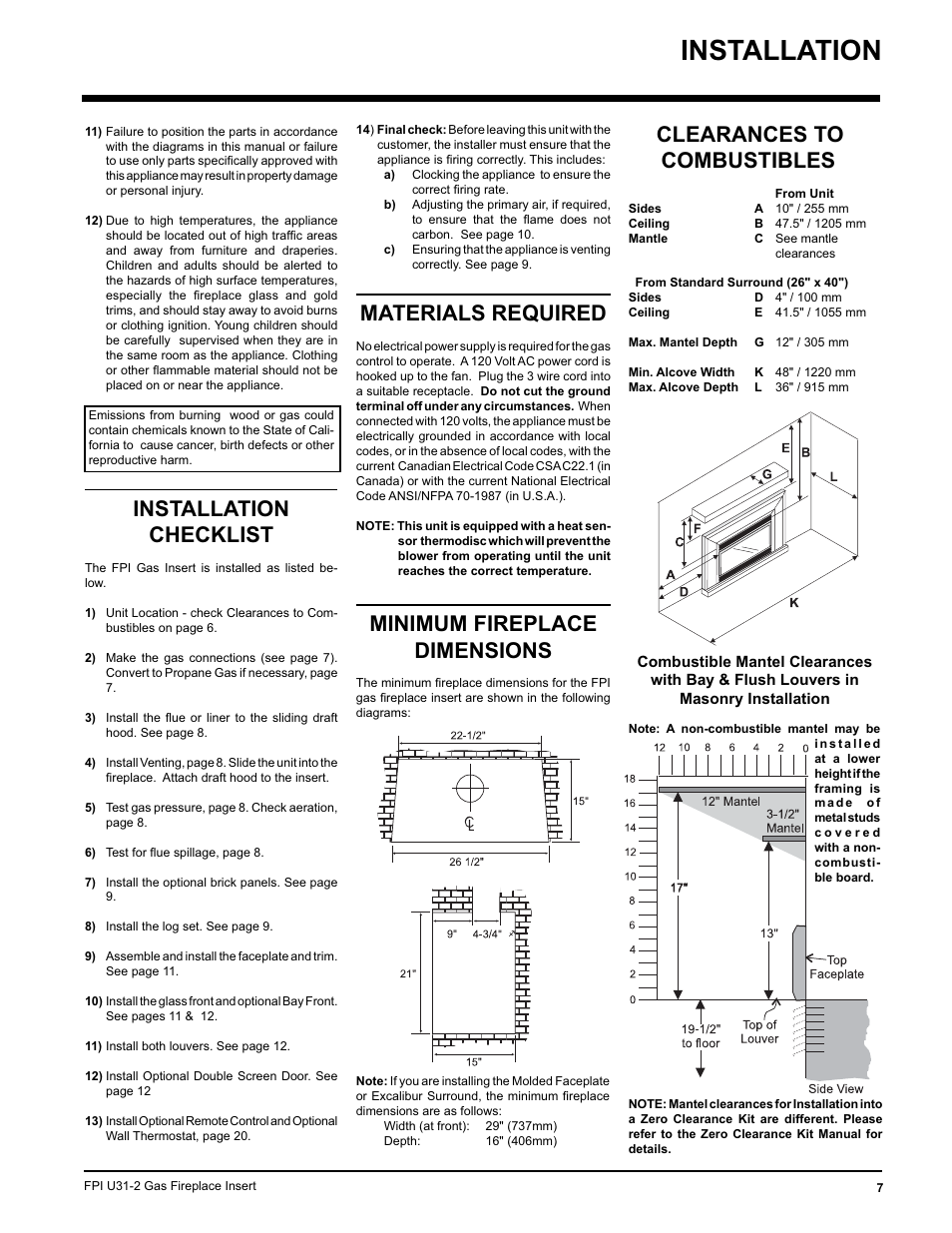 Installation, Minimum fireplace dimensions, Installation checklist | Materials required, Clearances to combustibles | Recoton/Advent U31-LP2 User Manual | Page 7 / 36