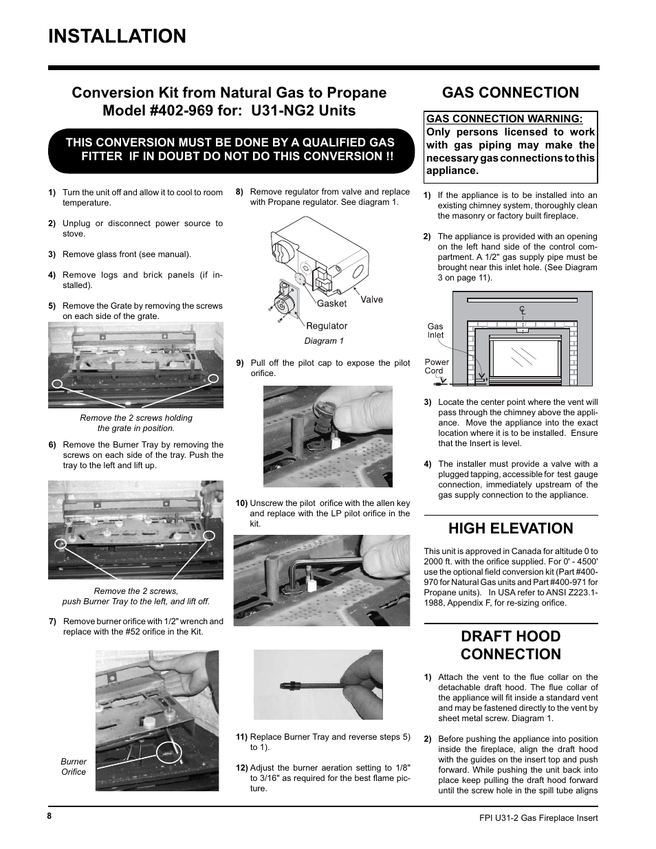 Installation, Gas connection, High elevation | Draft hood connection | Recoton/Advent U31-LP2 User Manual | Page 8 / 36