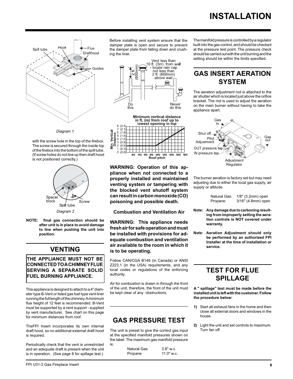 Installation, Test for flue spillage, Gas insert aeration system | Venting, Gas pressure test | Recoton/Advent U31-LP2 User Manual | Page 9 / 36