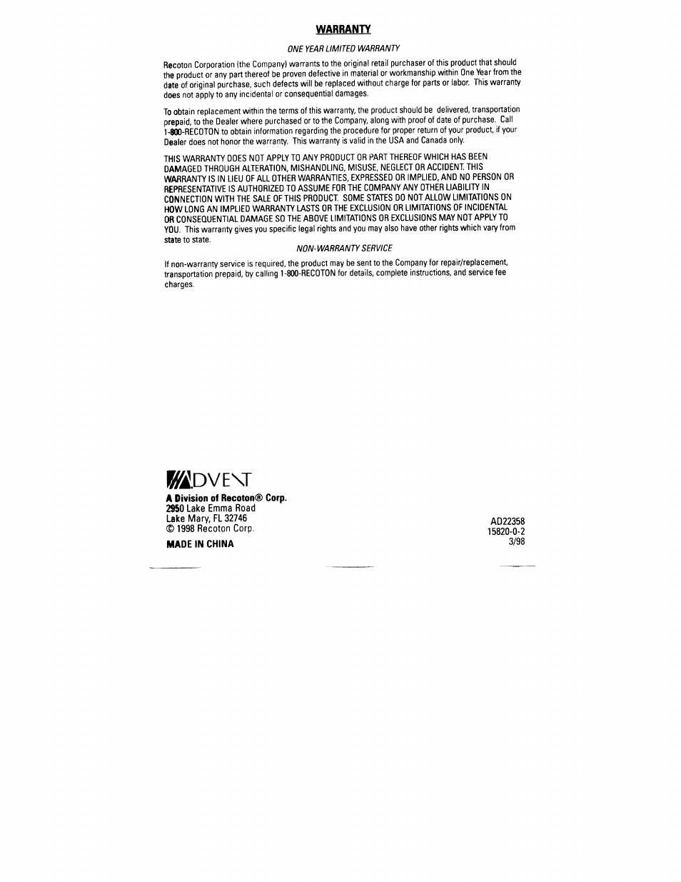 Warranty | Recoton/Advent Advent AW820 User Manual | Page 11 / 24