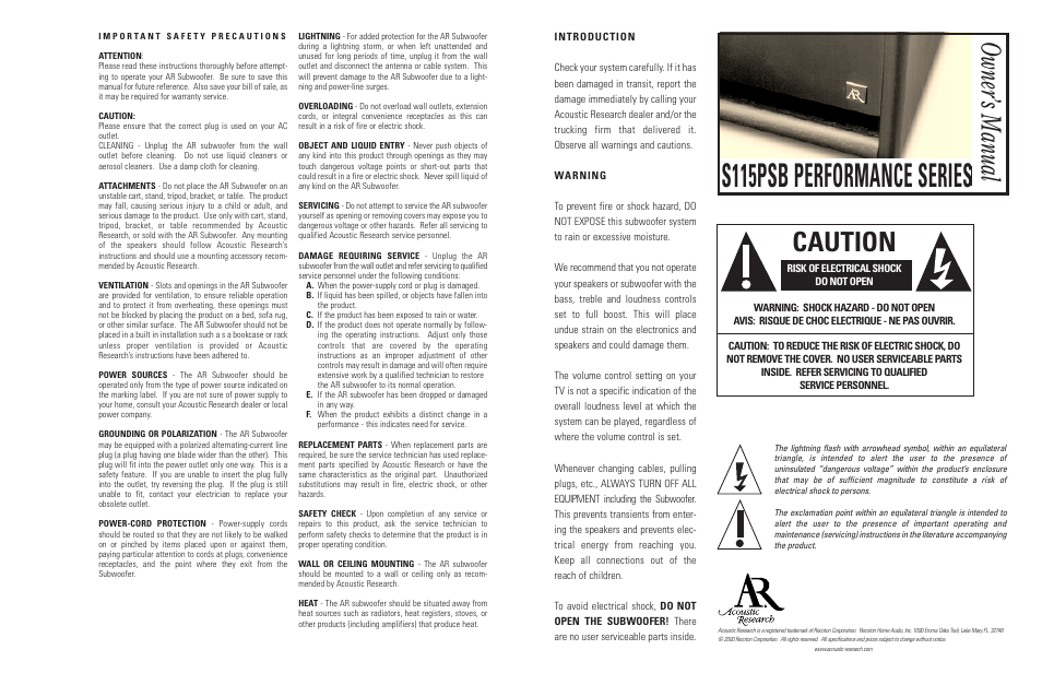 S115psb performance series, Caution, Owner’s manual | Recoton/Advent ARS115PSB User Manual | Page 2 / 2