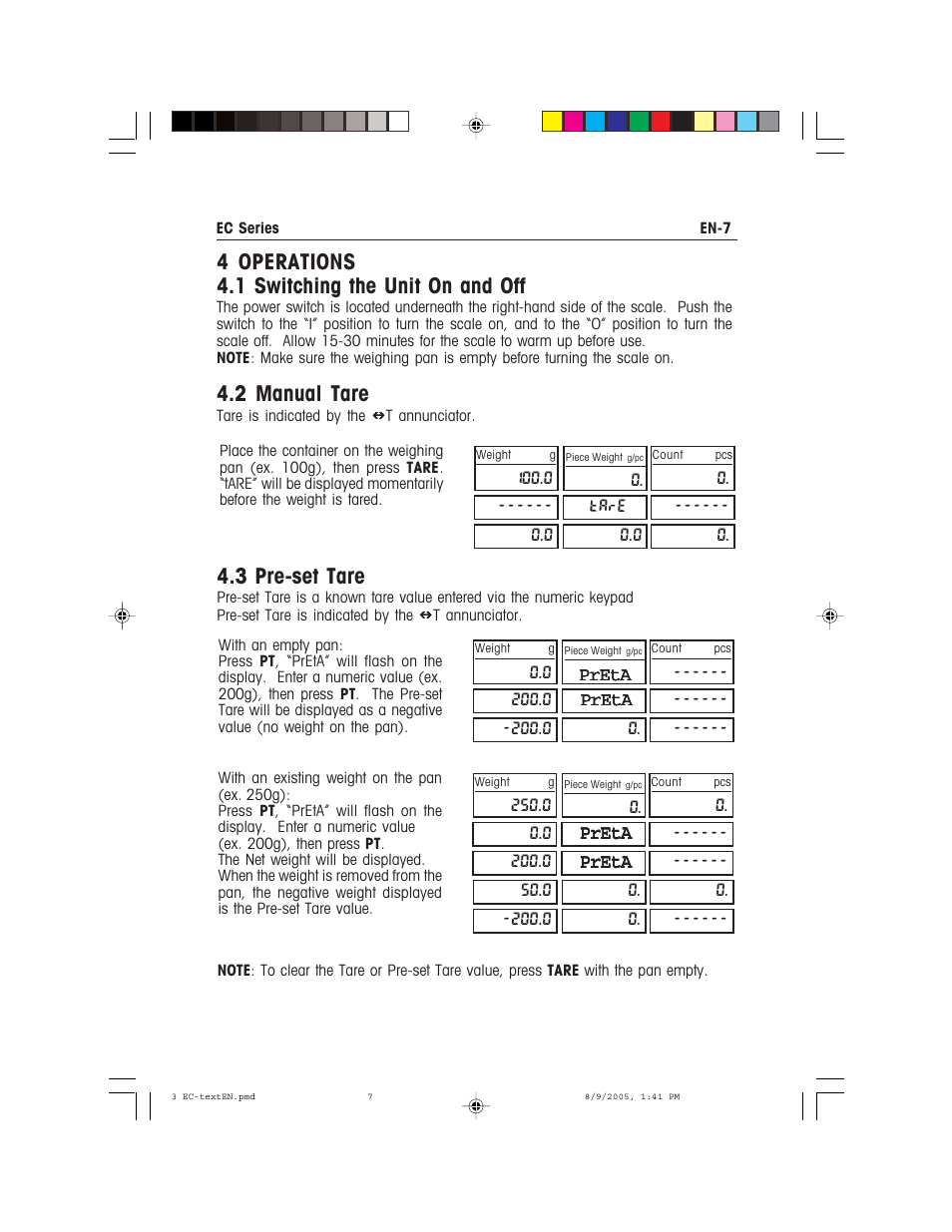 4 operations 4.1 switching the unit on and off, 2 manual tare, 3 pre-set tare | Recoton/Advent EC Series User Manual | Page 11 / 76