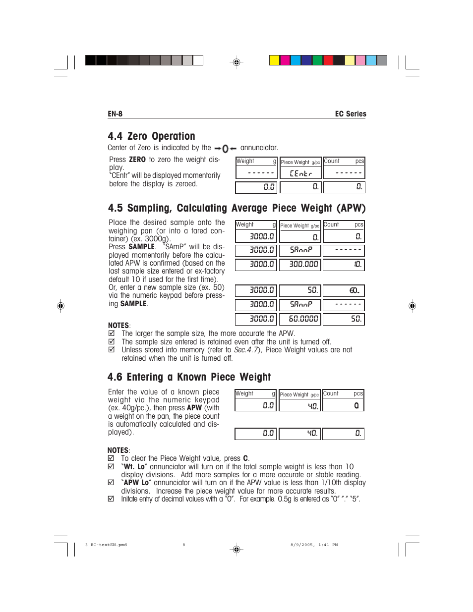 4 zero operation, 5 sampling, calculating average piece weight (apw), 6 entering a known piece weight | Recoton/Advent EC Series User Manual | Page 12 / 76