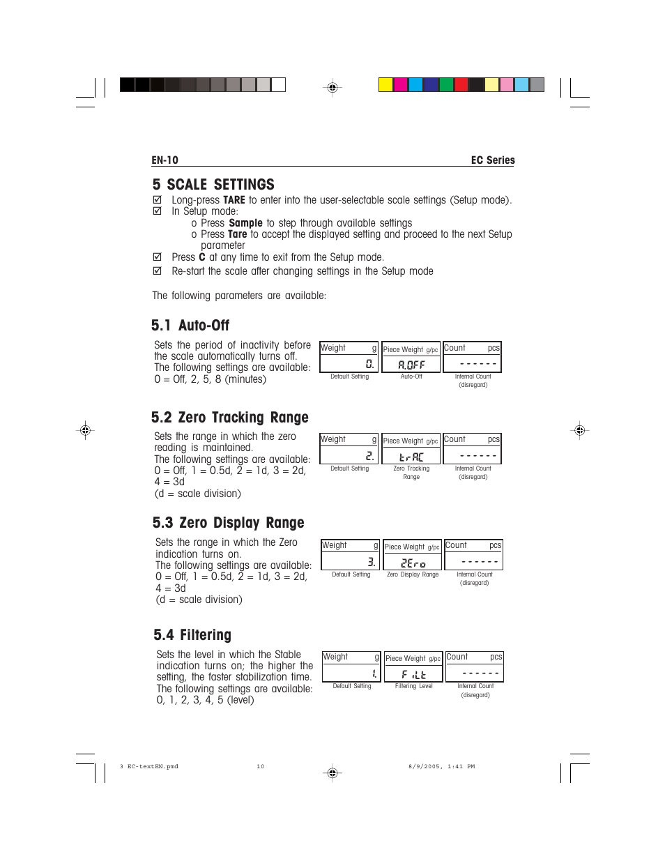 5 scale settings, 1 auto-off, 2 zero tracking range | 3 zero display range, 4 filtering, A.off, Trac, 2ero, Filt | Recoton/Advent EC Series User Manual | Page 14 / 76