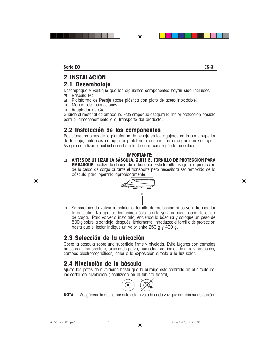 2 instalación 2.1 desembalaje, 2 instalación de los componentes, 3 selección de la ubicación | 4 nivelación de la báscula | Recoton/Advent EC Series User Manual | Page 21 / 76