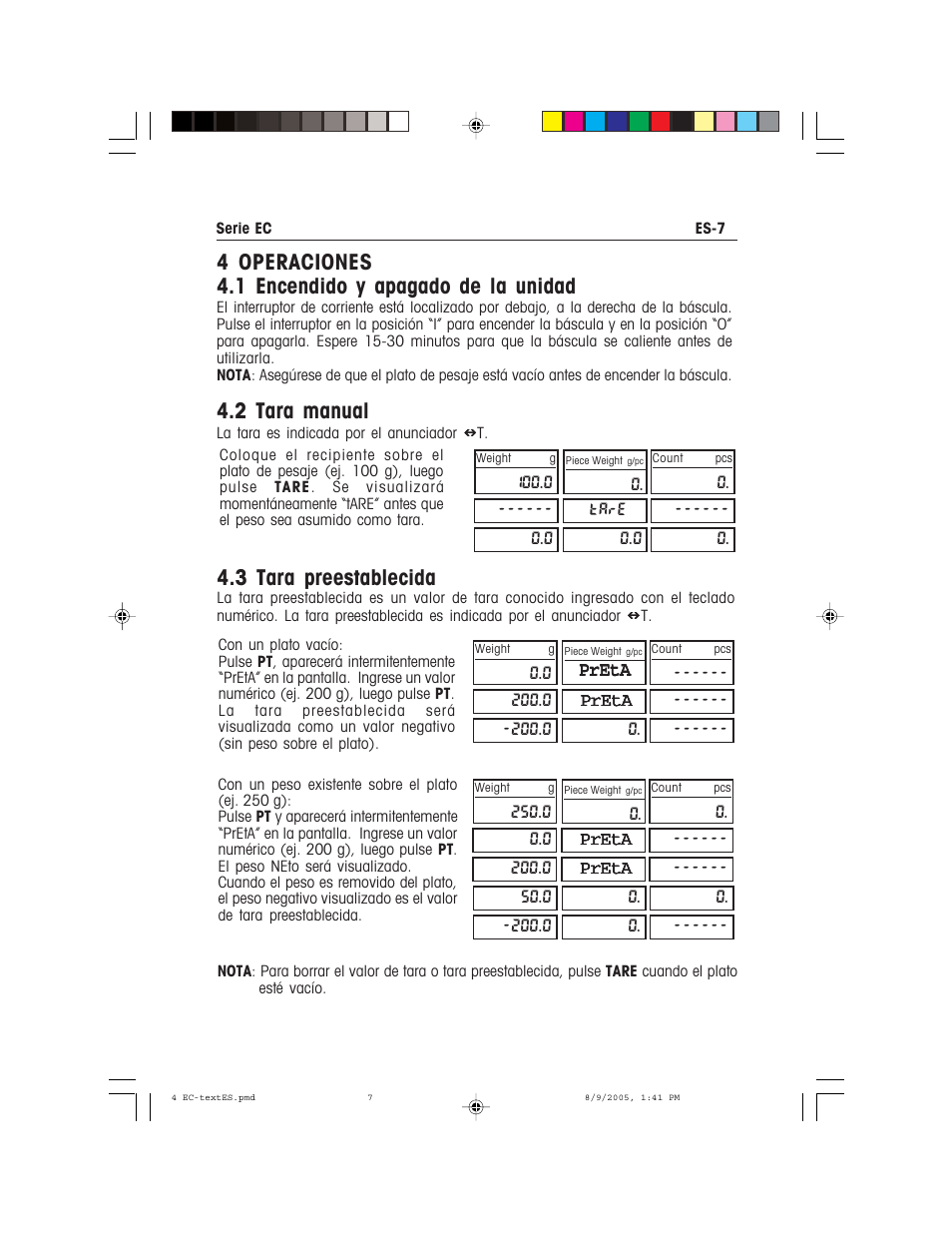 4 operaciones 4.1 encendido y apagado de la unidad, 2 tara manual, 3 tara preestablecida | Recoton/Advent EC Series User Manual | Page 25 / 76