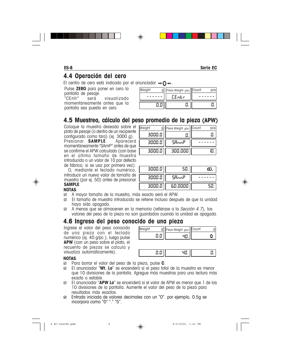 4 operación del cero, 5 muestreo, cálculo del peso promedio de la pieza, 6 ingreso del peso conocido de una pieza | Apw) | Recoton/Advent EC Series User Manual | Page 26 / 76