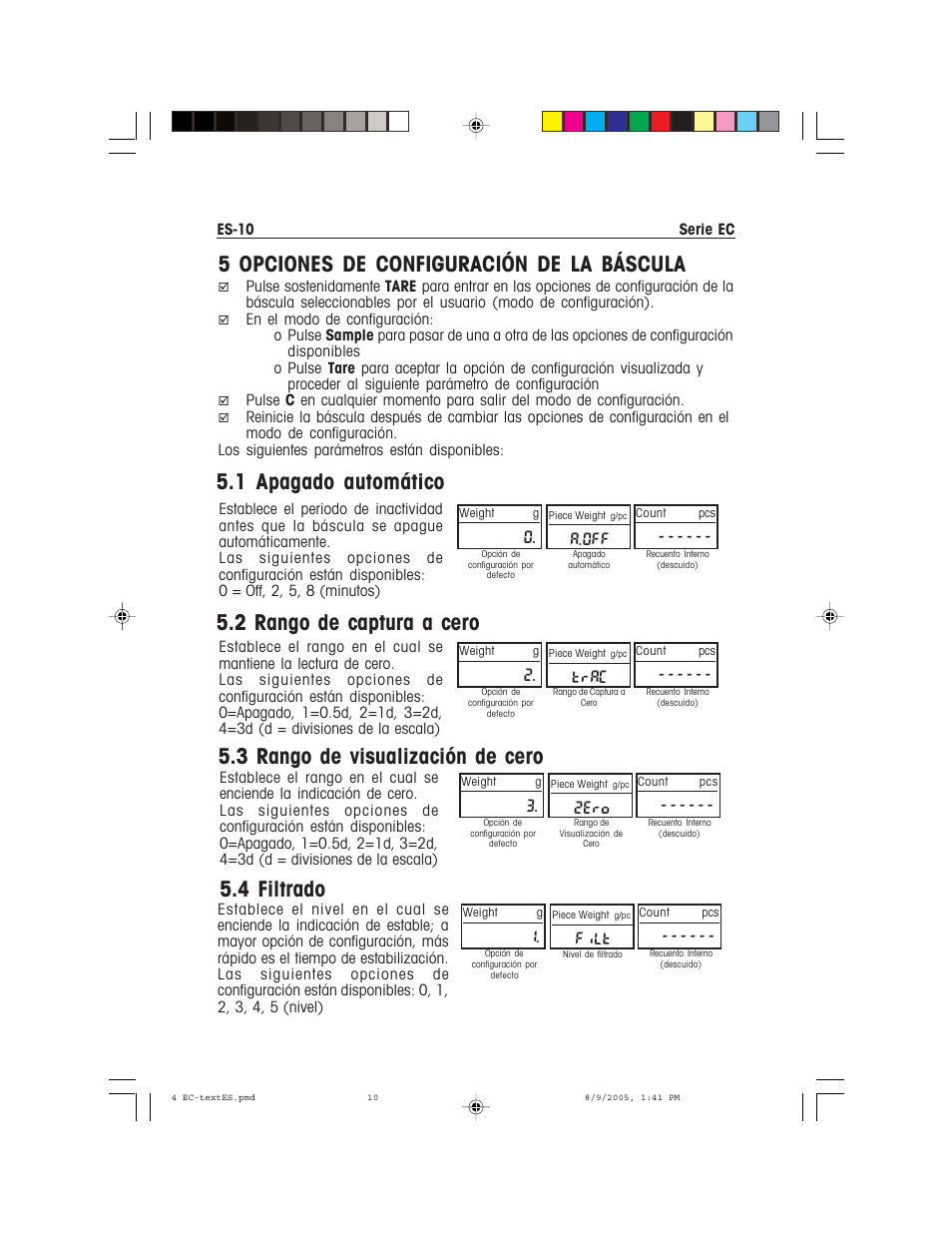 5 opciones de configuración de la báscula, 1 apagado automático, 2 rango de captura a cero | 3 rango de visualización de cero, 4 filtrado, A.off, Trac, 2ero, Filt | Recoton/Advent EC Series User Manual | Page 28 / 76