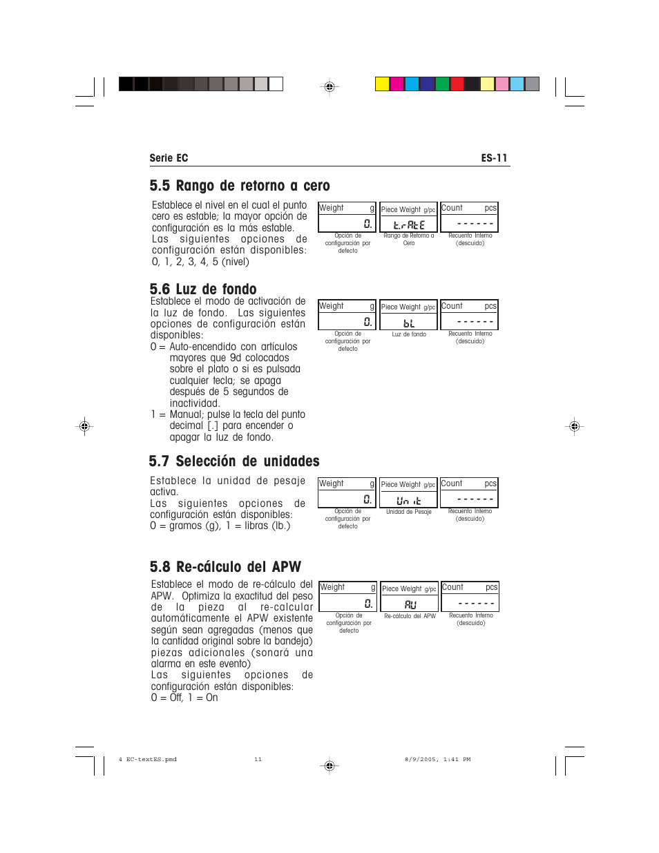 5 rango de retorno a cero, 6 luz de fondo, 7 selección de unidades | 8 re-cálculo del apw, T.rate, Unit | Recoton/Advent EC Series User Manual | Page 29 / 76