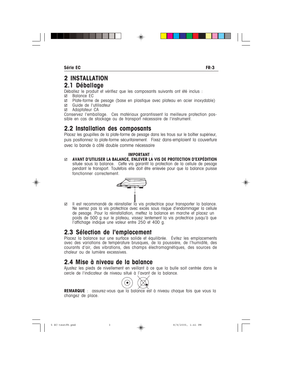 2 installation 2.1 déballage, 2 installation des composants, 3 sélection de l'emplacement | 4 mise à niveau de la balance | Recoton/Advent EC Series User Manual | Page 35 / 76