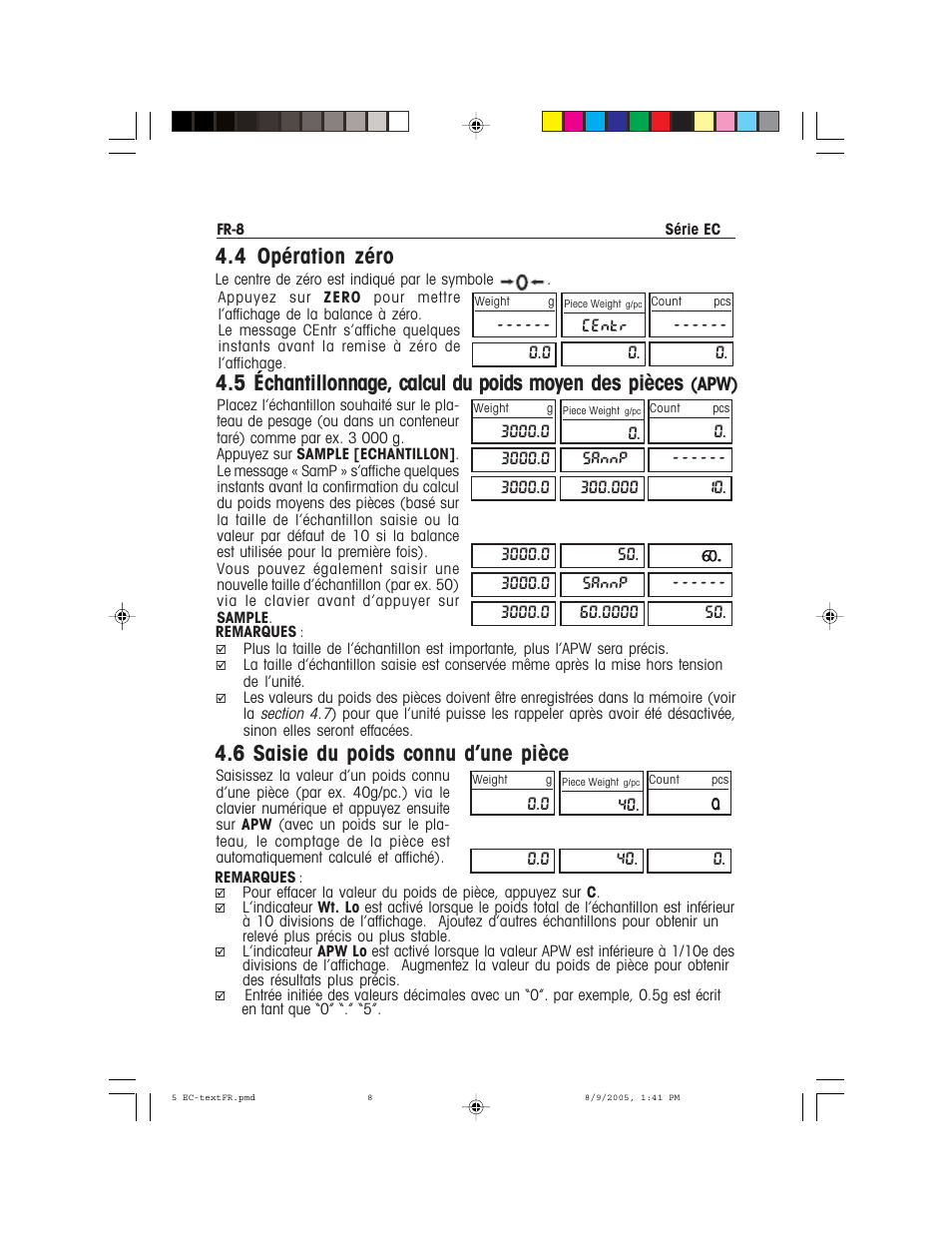 4 opération zéro, 6 saisie du poids connu d’une pièce | Recoton/Advent EC Series User Manual | Page 40 / 76