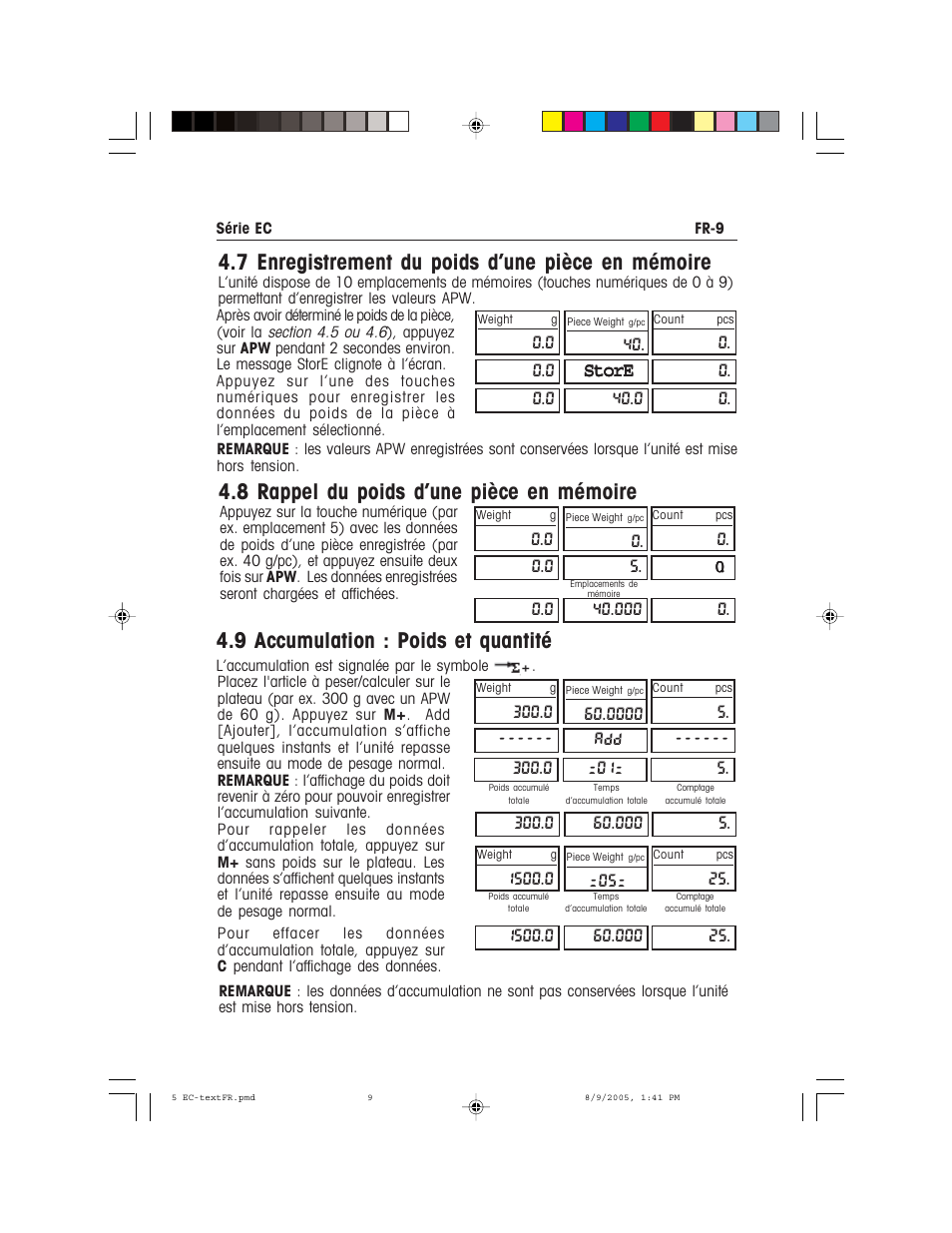 7 enregistrement du poids d’une pièce en mémoire, 8 rappel du poids d’une pièce en mémoire, 9 accumulation : poids et quantité | Recoton/Advent EC Series User Manual | Page 41 / 76