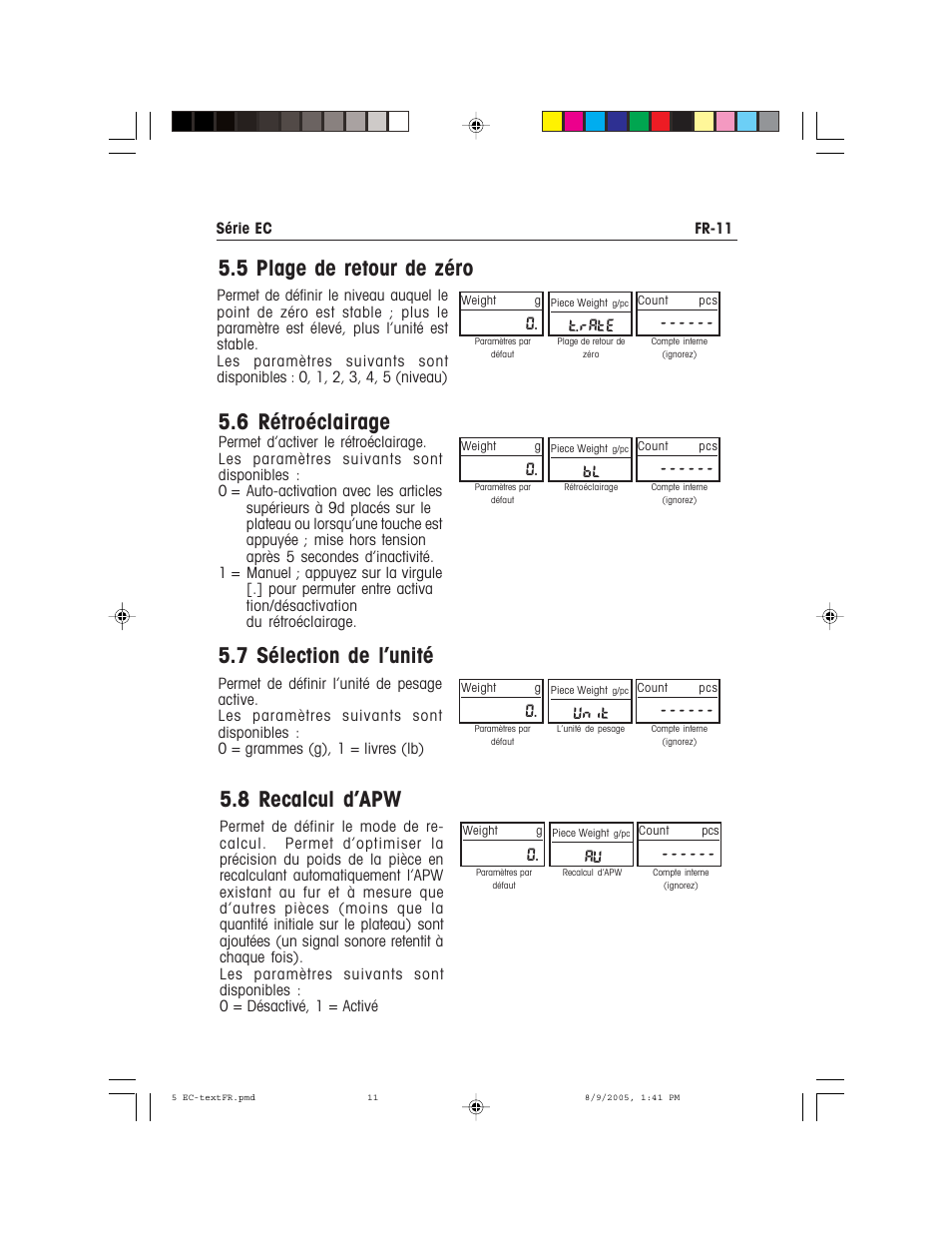 5 plage de retour de zéro, 6 rétroéclairage, 7 sélection de l’unité | 8 recalcul d’apw, T.rate, Unit | Recoton/Advent EC Series User Manual | Page 43 / 76