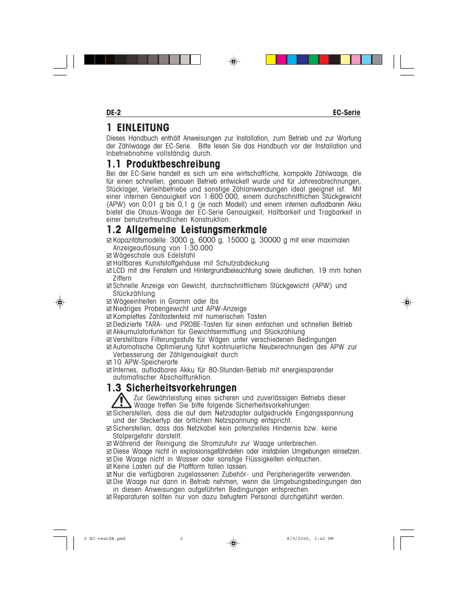 1 einleitung, 1 produktbeschreibung, 2 allgemeine leistungsmerkmale | 3 sicherheitsvorkehrungen | Recoton/Advent EC Series User Manual | Page 48 / 76