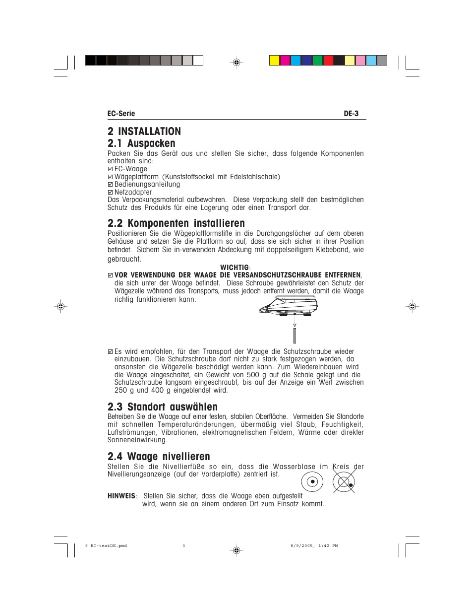 2 installation 2.1 auspacken, 2 komponenten installieren, 3 standort auswählen | 4 waage nivellieren | Recoton/Advent EC Series User Manual | Page 49 / 76