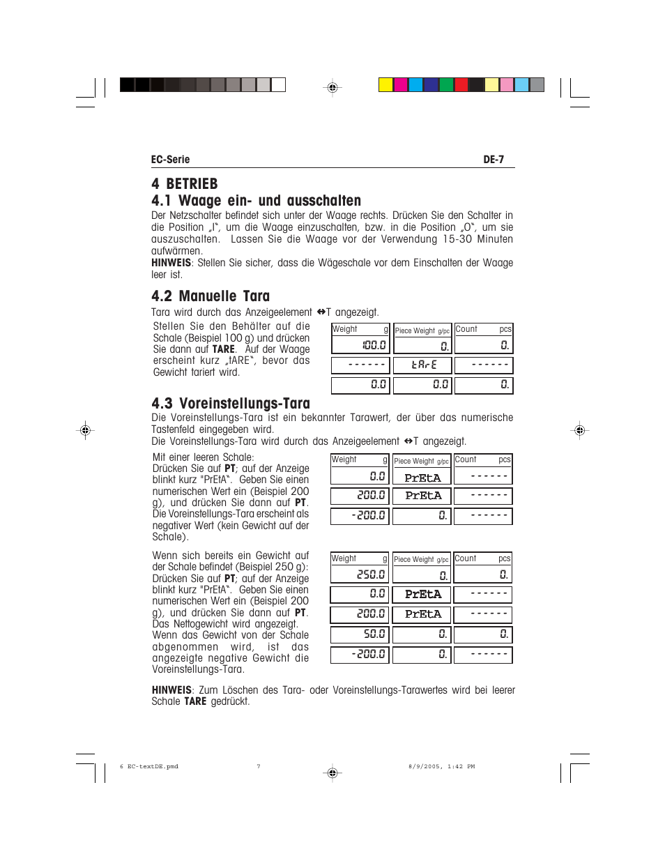 4 betrieb 4.1 waage ein- und ausschalten, 2 manuelle tara, 3 voreinstellungs-tara | Recoton/Advent EC Series User Manual | Page 53 / 76