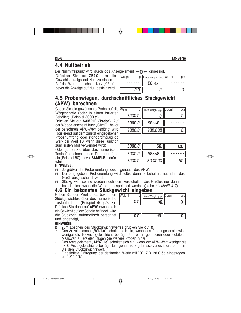 4 nullbetrieb, 6 ein bekanntes stückgewicht eingeben | Recoton/Advent EC Series User Manual | Page 54 / 76