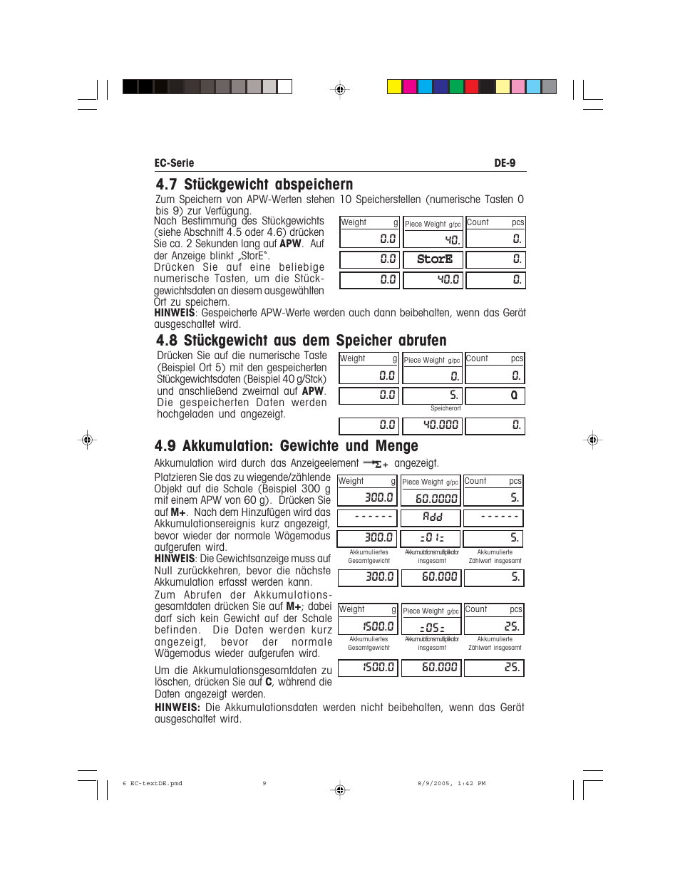 7 stückgewicht abspeichern, 8 stückgewicht aus dem speicher abrufen, 9 akkumulation: gewichte und menge | Recoton/Advent EC Series User Manual | Page 55 / 76
