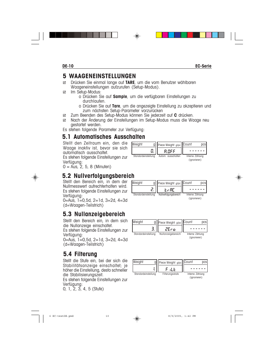 5 waageneinstellungen, 1 automatisches ausschalten, 2 nullverfolgungsbereich | 3 nullanzeigebereich, 4 filterung, A.off, Trac, 2ero, Filt | Recoton/Advent EC Series User Manual | Page 56 / 76