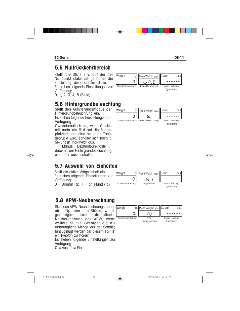 5 nullrückkehrbereich, 6 hintergrundbeleuchtung, 7 auswahl von einheiten | 8 apw-neuberechnung, T.rate, Unit | Recoton/Advent EC Series User Manual | Page 57 / 76