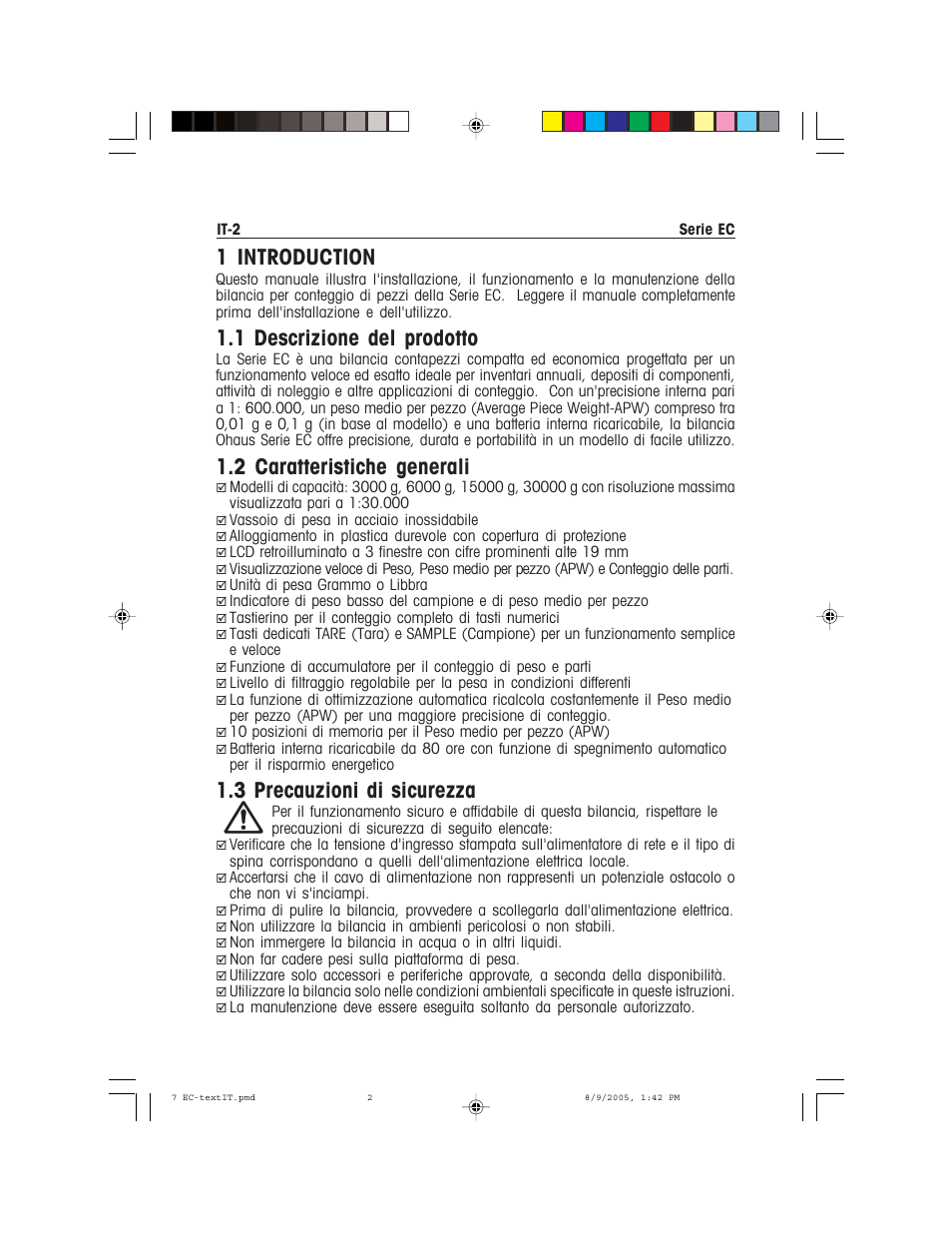 1 introduction, 1 descrizione del prodotto, 2 caratteristiche generali | 3 precauzioni di sicurezza | Recoton/Advent EC Series User Manual | Page 62 / 76