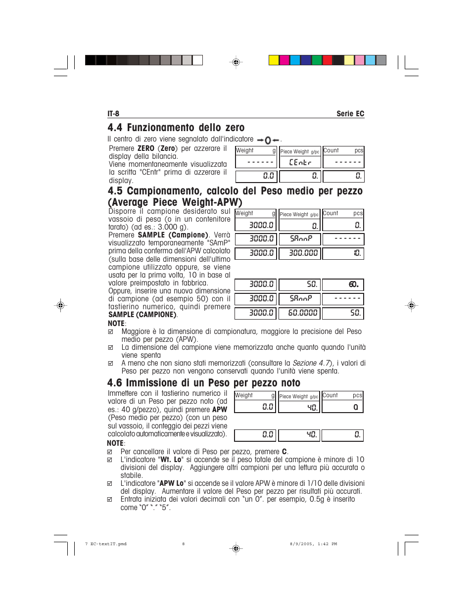 4 funzionamento dello zero, 6 immissione di un peso per pezzo noto | Recoton/Advent EC Series User Manual | Page 68 / 76