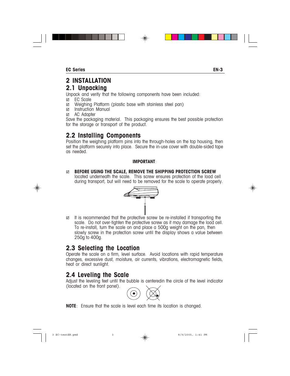 2 installation 2.1 unpacking, 2 installing components, 3 selecting the location | 4 leveling the scale | Recoton/Advent EC Series User Manual | Page 7 / 76